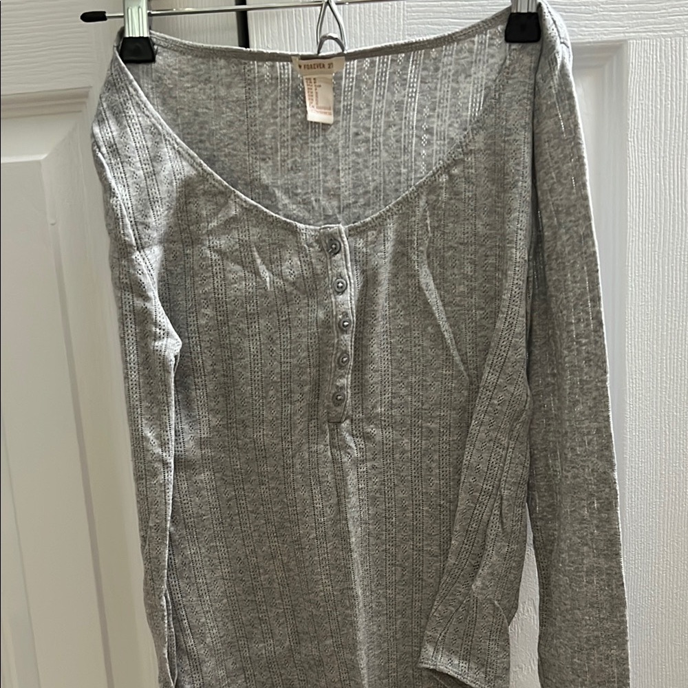 Forever 21 Silver Fitted Long Sleeve Henley Top
